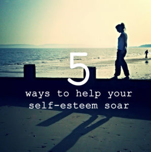 A young woman walking along a wall at the beach. The foreground text reads '5 ways to help your self-esteem soar'