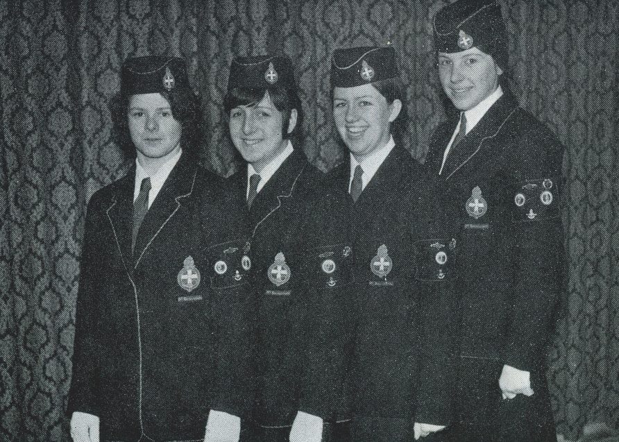 Girls' Brigade young women in full uniform - black and white photo